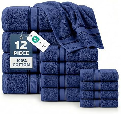 LANE LINEN Towel Set 12 Piece Soft Absorbent Quick Dry 100% Cotton - Navy