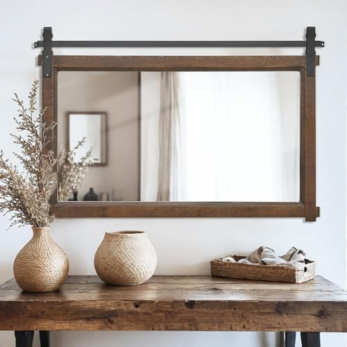 Besdomus Farmhouse Bathroom Vanity Mirror: 42"x28" Brown Rustic Barn Door