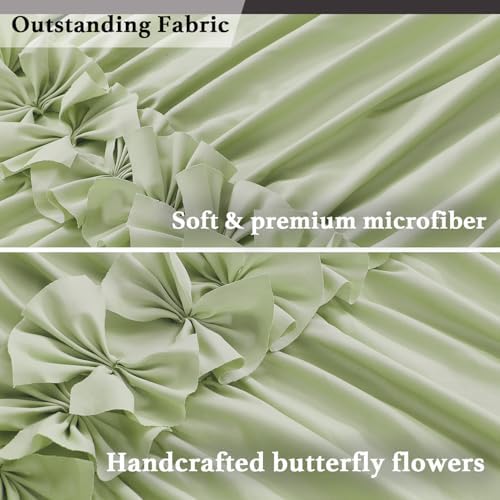 Homechoice Decor Sage Ruffle Shower Curtain, Handcrafted Bow Tie