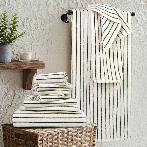 8 Piece Black and Ivory Towel Set, Super Soft & Absorbent Cotton Striped