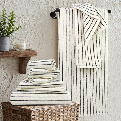 8 Piece Black and Ivory Towel Set, Super Soft & Absorbent Cotton Striped