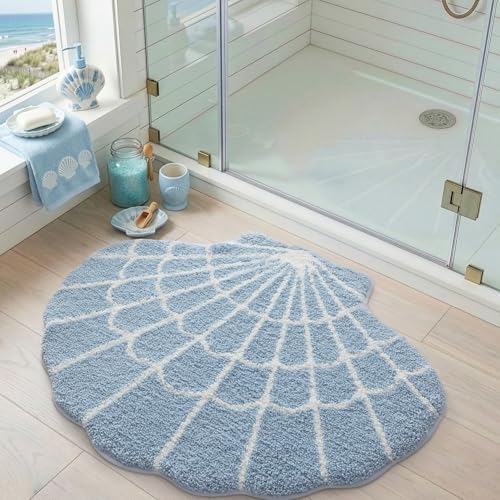 DEXI Cute Seashell Bath Mat, Coastal Scallop Bathroom Rug, 38x30 Blue