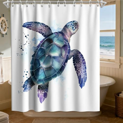 Funny Sea Turtle Shower Curtains Ocean Animal Cartoon Kids Theme Cloth Fabric Bathroom Decor Sets with Hooks Waterproof Washable 72W x 78H inches Teal Purple