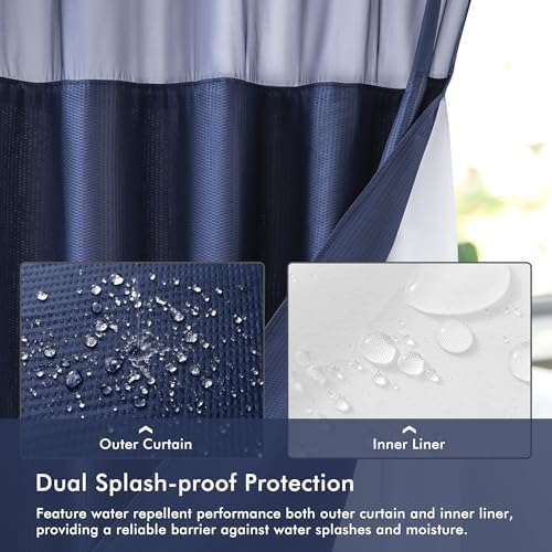 Mrs Awesome No Hook Navy Shower Curtain with Snap-in Fabric Liner 71x74