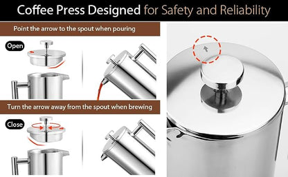 Miuly 34oz French Press Coffee Maker Stainless Steel Insulated Coffee Press Stainless Steel French Press 1 Liter (1000ML, Sliver)