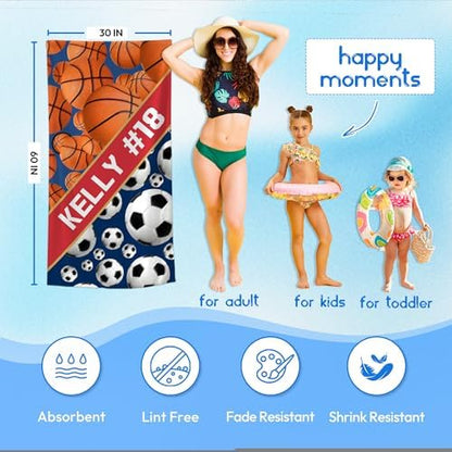 Personalized Beach Towel With Name, Custom Beach Towel with Text, Customized Basketball Football Microfiber Pool Towel, Quick Dry & Absorbent Swim Towel for Adult,Anniversary, Birthday, Summer Holiday