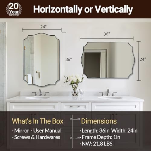 ANDY STAR Brushed Nickel Bathroom Mirror, 24x36’’ Silver Wavy Wall Mirror, Modern Bathroom Vanity Mirror HD Reflection, Anti-Rust Metal Frame Mirror for Bathroom Hangs Vertical or Horizontal
