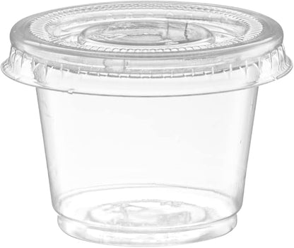 ELEGANT DISPOSABLES (1 oz - 100 Sets) Clear Diposable Plastic Portion Cups With Lids, Small Mini Containers For Portion Controll, Jello Shots, Meal Prep, Sauce Cups, Slime, Condiments,