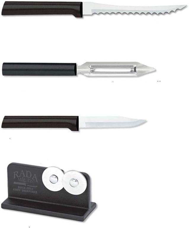 Rada Cutlery Peel, Pare & Slice Gift Set (G218) with Quick Edge Sharpener (R119), 3-piece Knife Set and Knife Sharpener, Stainless Steel Blades, Black Handle