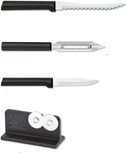 Rada Cutlery Peel, Pare & Slice Gift Set (G218) with Quick Edge Sharpener (R119), 3-piece Knife Set and Knife Sharpener, Stainless Steel Blades, Black Handle