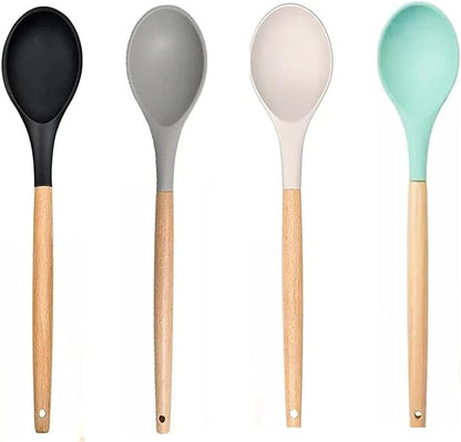 LorisArm Wooden Handle Silicone Spoon, 12" Rubber Spoon 4-Pack Nonstick Stirring Spoons for Baking Cooking and Mixing, Kitchen Serving Spoons (Grey, Green, White, Black).