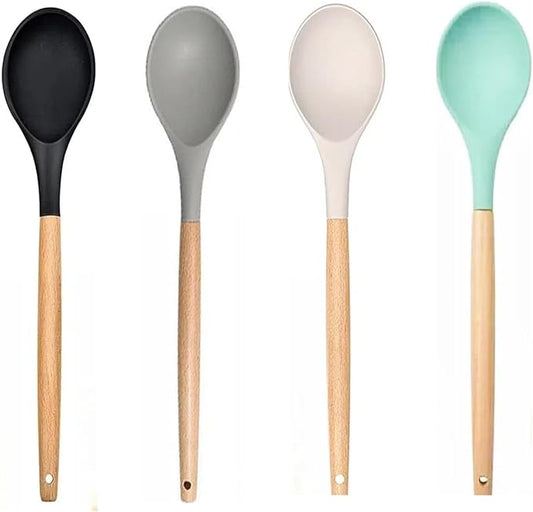 LorisArm Wooden Handle Silicone Spoon, 12" Rubber Spoon 4-Pack Nonstick Stirring Spoons for Baking Cooking and Mixing, Kitchen Serving Spoons (Grey, Green, White, Black).