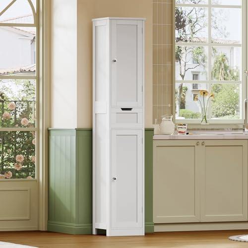 Iwell Tall Bathroom Cabinet, Slim Narrow Bathroom Storage Cabinet with Adjustable Shelves, Storage Cabinets with 1 Drawer, for Bathroom, Living Room, Entryway, Kitchen, White