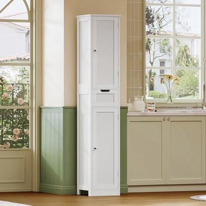 Iwell Tall Bathroom Cabinet, Slim Narrow Bathroom Storage Cabinet with Adjustable Shelves, Storage Cabinets with 1 Drawer, for Bathroom, Living Room, Entryway, Kitchen, White