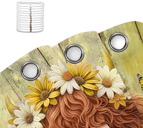 Cute Cow Shower Curtain, Farmhouse Rustic Yellow Floral Daisy Highland Cow Shower Curtains for Bathroom, Calf Country Farm Animal Garden Plant Fabric Bathroom Decor with Hooks, 54x72 inch