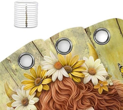 Cute Cow Shower Curtain, Farmhouse Rustic Yellow Floral Daisy Highland Cow Shower Curtains for Bathroom, Calf Country Farm Animal Garden Plant Fabric Bathroom Decor with Hooks, 54x72 inch