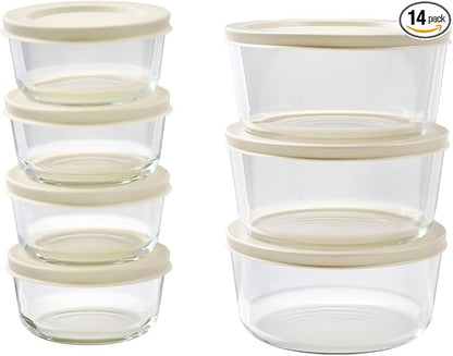 14-Piece Glass Food Storage Containers Set (7 Containers + 7 BPA-Free Lids) | 1-Cup & 4-Cup, Leakproof | Microwave, Freezer, Oven & Dishwasher Safe | Ideal for Meal Prep & Pantry Organization, Beige