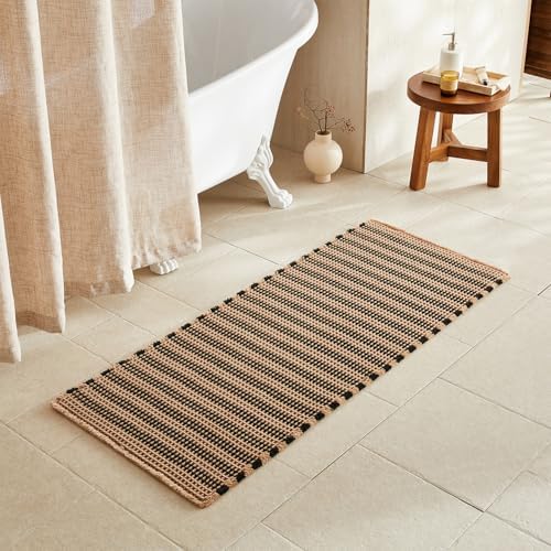 TYUU Waffle Runner Rug Bathroom, Long Boho Bath Mat, 60x24 Black & Khaki