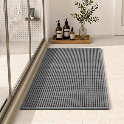 tchdio Bath Mat, Absorbent Bathroom Mat Quick Dry, Thin Bathroom Rugs Fit Under Door, Non Slip Washable Bath Rugs with Solid Rubber Backing, Low Profile Bath Mats for Bathroom, Grey, 16" x 24"