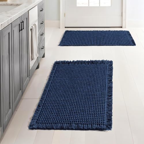 MIULEE Set of 2 Waffle Bathroom Rugs Boho Bath Mat Navy Blue 17x24 Inch