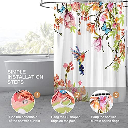 Watercolor Shower Curtain Hummingbird Floral for Bathroom 72 x 72