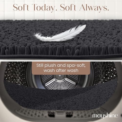 MAYSHINE Plush Shaggy Chenille Bath Mat | Extra Soft, Super Absorbent, Non-Slip Bathroom Rug | Fluffy Microfiber, Area Rug Sets for Bathroom Floor, Kitchen, Living Room | 47"x27" | Black