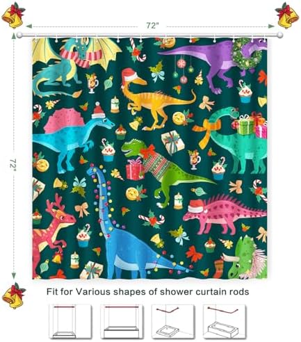 Shower Curtain Christmas, Green Kids Shower Curtain Santa's Hat Dinosaur Party Gift Box Cake Candy Jingling Bell String Light Xmas Theme Machine Wash Home Farmhouse Waterproof Decor Bathroom Curtain