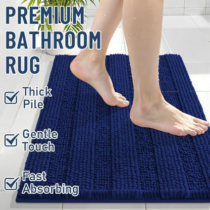 Grandaily Chenille Striped Bathroom Rugs 47x17, Extra Thick and Soft Absorbent Bath Mats, Rubber Backing, Plush Shaggy Shower Carpet, Machine Wash Dry, Bath Rug for Bathroom, Navy Blue