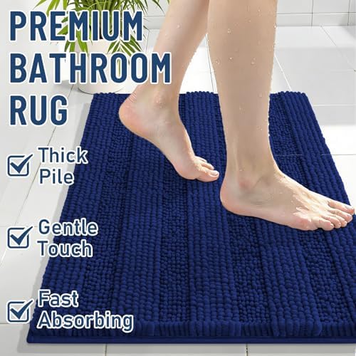 Grandaily Chenille Striped Bathroom Rugs 47x24, Extra Thick and Soft Absorbent Bath Mats, Rubber Backing, Plush Shaggy Shower Carpet, Machine Wash Dry, Bath Rug for Bathroom, Navy Blue