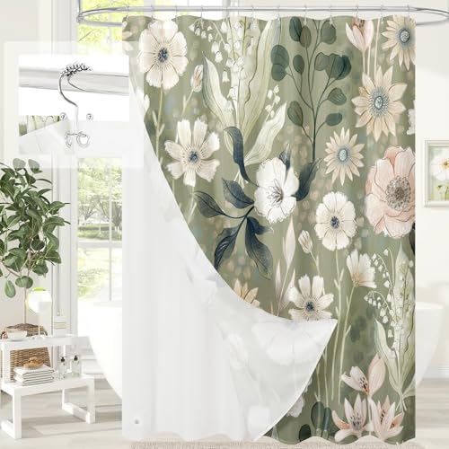 3 in 1 Green Floral Shower Curtain Set with PEVA Liner & 12 Hooks, 72 x 78