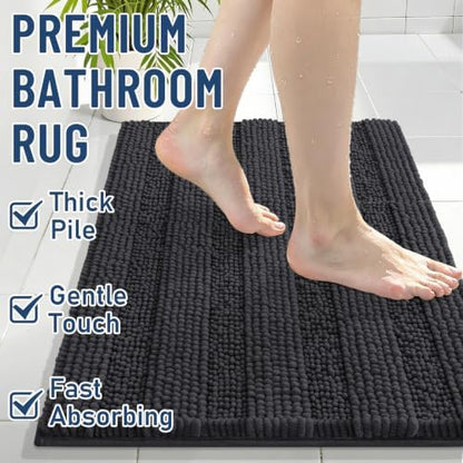 Grandaily Chenille Striped Bathroom Rugs 40x32, Extra Thick and Soft Absorbent Bath Mats, Rubber Backing, Plush Shaggy Shower Carpet, Machine Wash Dry, Bath Rug for Bathroom, Charcoal