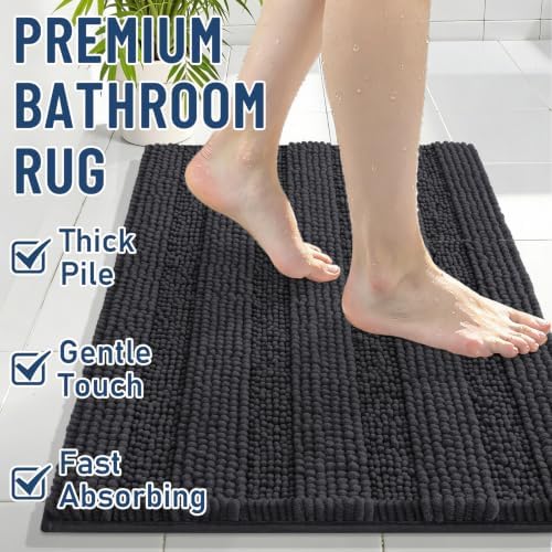 Grandaily Chenille Striped Bathroom Rugs 47x32, Extra Thick and Soft Absorbent Bath Mats, Rubber Backing, Plush Shaggy Shower Carpet, Machine Wash Dry, Bath Rug for Bathroom, Charcoal