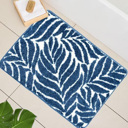 Navy Blue Bathroom Rug - Dark Blue Bath Mat Tropical Leaf Bath Rugs Non Slip Washable Bathrug for Bathroom Floor, Cute Plant Bathmat Absorbent Bath Mats Botanical Home Decor 20" x 32"