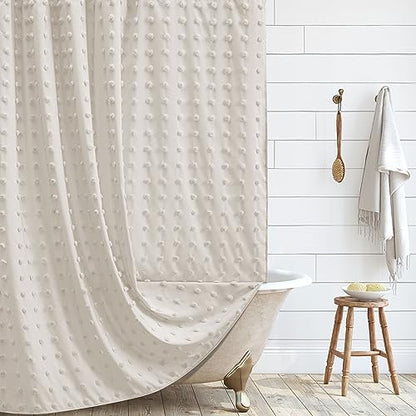 Extra Long Boho Farmhouse Shower Curtain Beige Woven Fabric Cute Shower Curtain, 72 x 78 Tufted Pleat Floral Puffs Textured Modern Farmhouse Minimalist Shower Curtain Set with Hooks for Bathroom