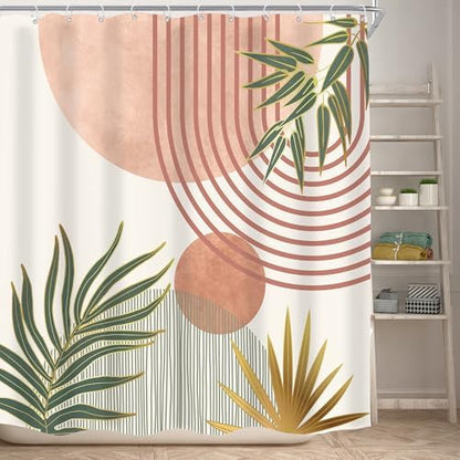 Mid Century Pink Green Boho Abstract Modern Bathroom Shower Curtain Set