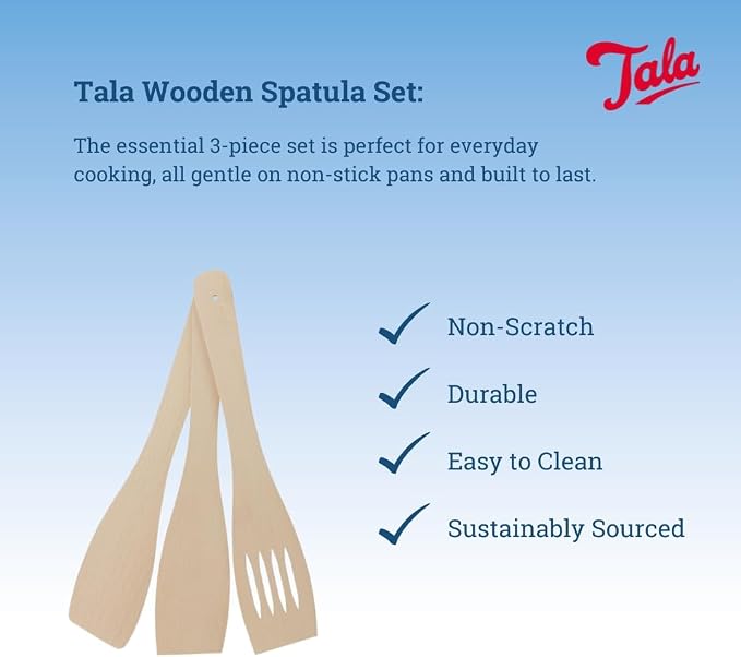 Tala Wooden Spatula Set 3 Piece Beechwood Utensil Set, Includes Rounded Spatula, Flat Spatula & Slotted Spatula Durable & Safe for Non-Stick Cookware, Beige