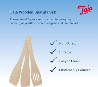 Tala Wooden Spatula Set 3 Piece Beechwood Utensil Set, Includes Rounded Spatula, Flat Spatula & Slotted Spatula Durable & Safe for Non-Stick Cookware, Beige