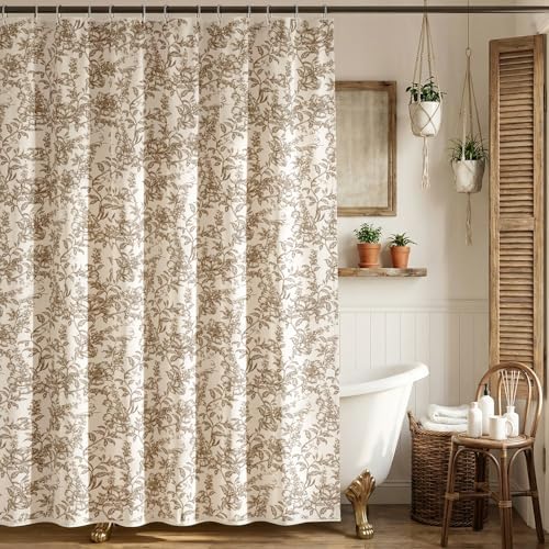 Farmhouse Brown Floral Shower Curtain with 12 Clear Rings 72"W x 84"L