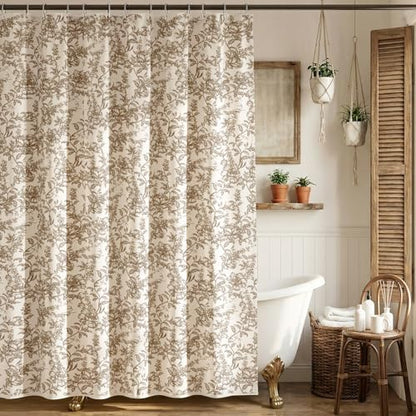 Farmhouse Brown Floral Shower Curtain with 12 Clear Rings 72"W x 84"L