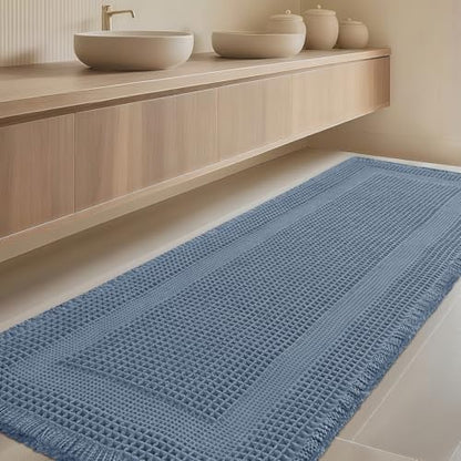 IM HOME Extra Large Waffle Bath Mat, Boho Bathroom Rugs Absorbent Non Slip, Ultra Soft Bathroom Mat, Machine Washable Knit Bath Rugs with Tassels for Bathroom, Bedroom, Kitchen, Tub, 5'x2', Blue