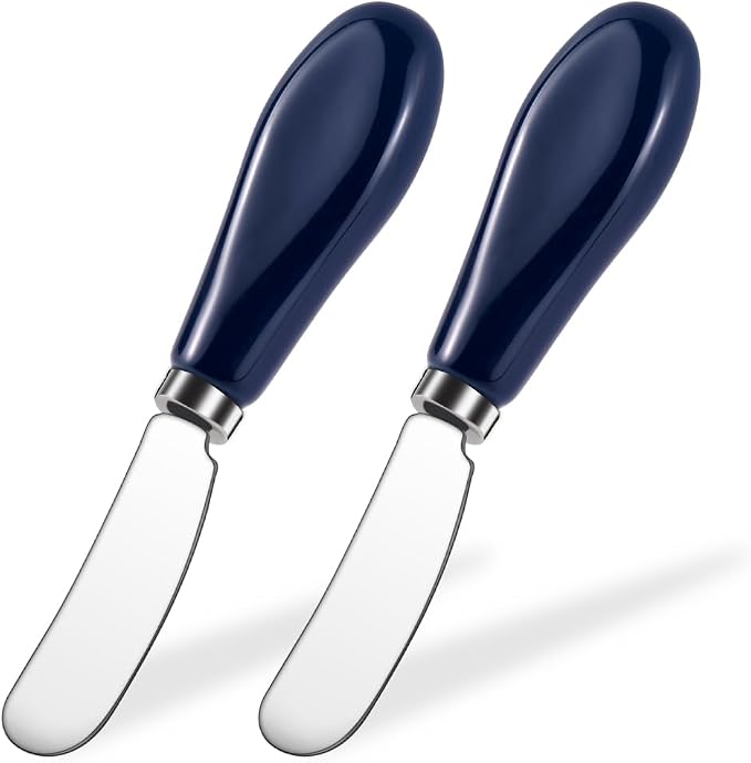 AISBUGUR 2 Pack Stainless Steel Butter Spreader Knife, Butter Knife with White Porcelain Handle, Cheese Butter Spreader Knives for Kitchen Blue