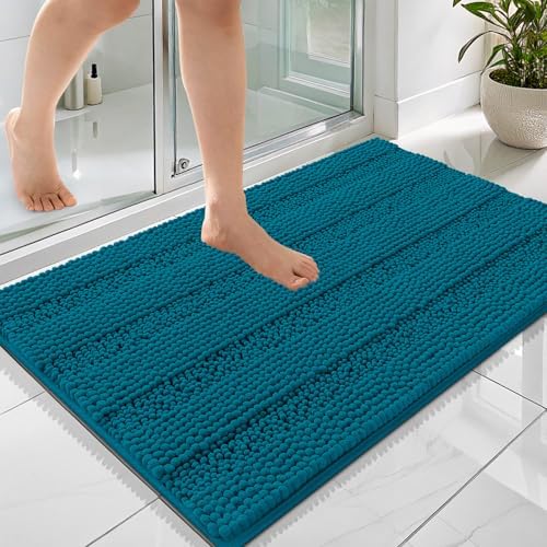 OLANLY Thick Bathroom Rugs 36x24, Chenille Striped Bath Rugs, Peacock Blue