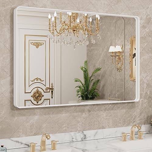 LOAAO 40x32 Inch White Metal Framed Bathroom Mirror for Wall, White Bathroom Vanity Mirror Farmhouse, Large Rounded Rectangle Mirror, Anti-Rust, Tempered Glass, Hangs Horizontally or Vertically