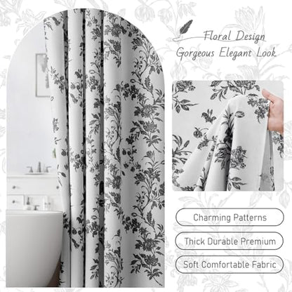 Black and White Floral Shower Curtain,Vintage Cotton Cottagecore Gray Shower Curtains for Bathroom, 72" W x 72" L