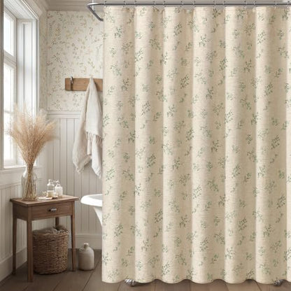 Sage Green Floral Farmhouse French Vintage Linen Shower Curtain 72Wx72H