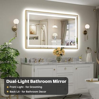 60x36 Inch LED Bathroom Mirror with Gold Frame, Backlit & Front Lit