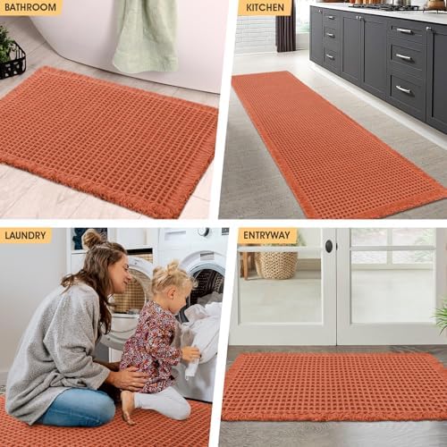 IM HOME Waffle Bath Mat Burnt Orange 32"x20", Boho Woven Modern Bath Mat Rugs, Absorbent Non Slip Bathroom Rugs, Soft Washable Bath Rugs with Tassels for Bedroom, Kitchen, Shower, Tub