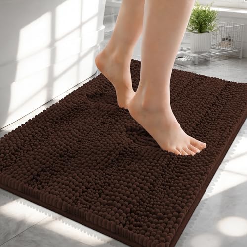 OLANLY Thick Small Bathroom Rugs 24x16, Soft Chenille Bath Rugs, Brown