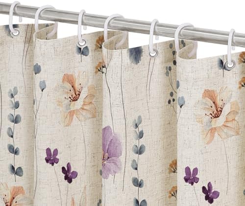 Gibelle Purple Linen Watercolor Floral Fabric Shower Curtain, 72x72