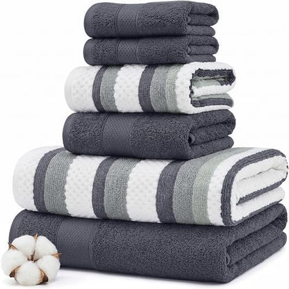 Modern Threads 6 Piece Bath Towel Set – Bathroom Towel Set with 2 Bath Towels, 2 Hand Towels & 2 Washcloths – 100% Cotton, Soft & Absorbent – Wide Stripe (Blue)